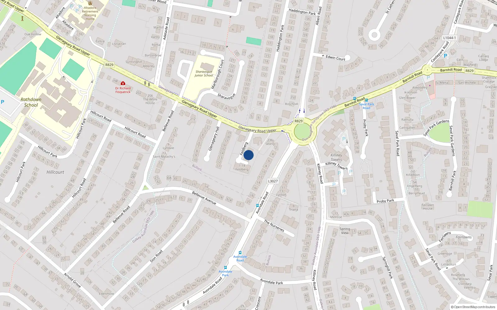 Overhead map showing the location of Feldburg, Upper Glenageary Road, Glenageary