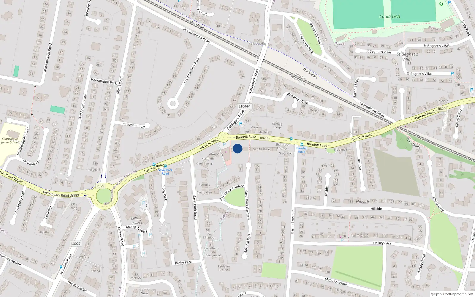 Overhead map showing the location of Barnhill Road, Dalkey