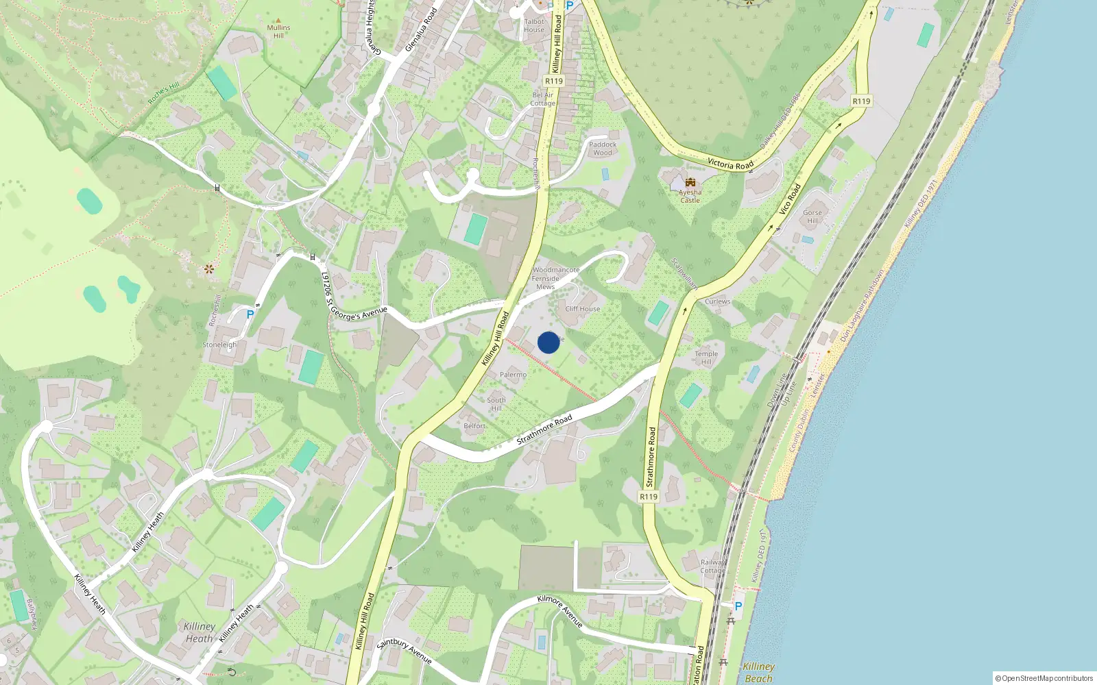 Overhead map showing the location of Killiney Hill Road, Killiney