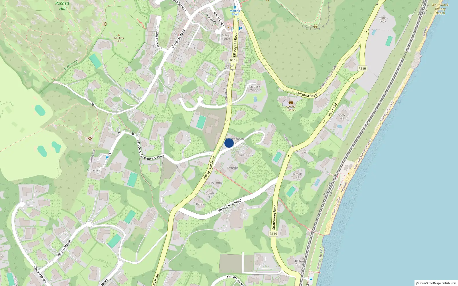 Overhead map showing the location of Killiney Hill Road, Killiney
