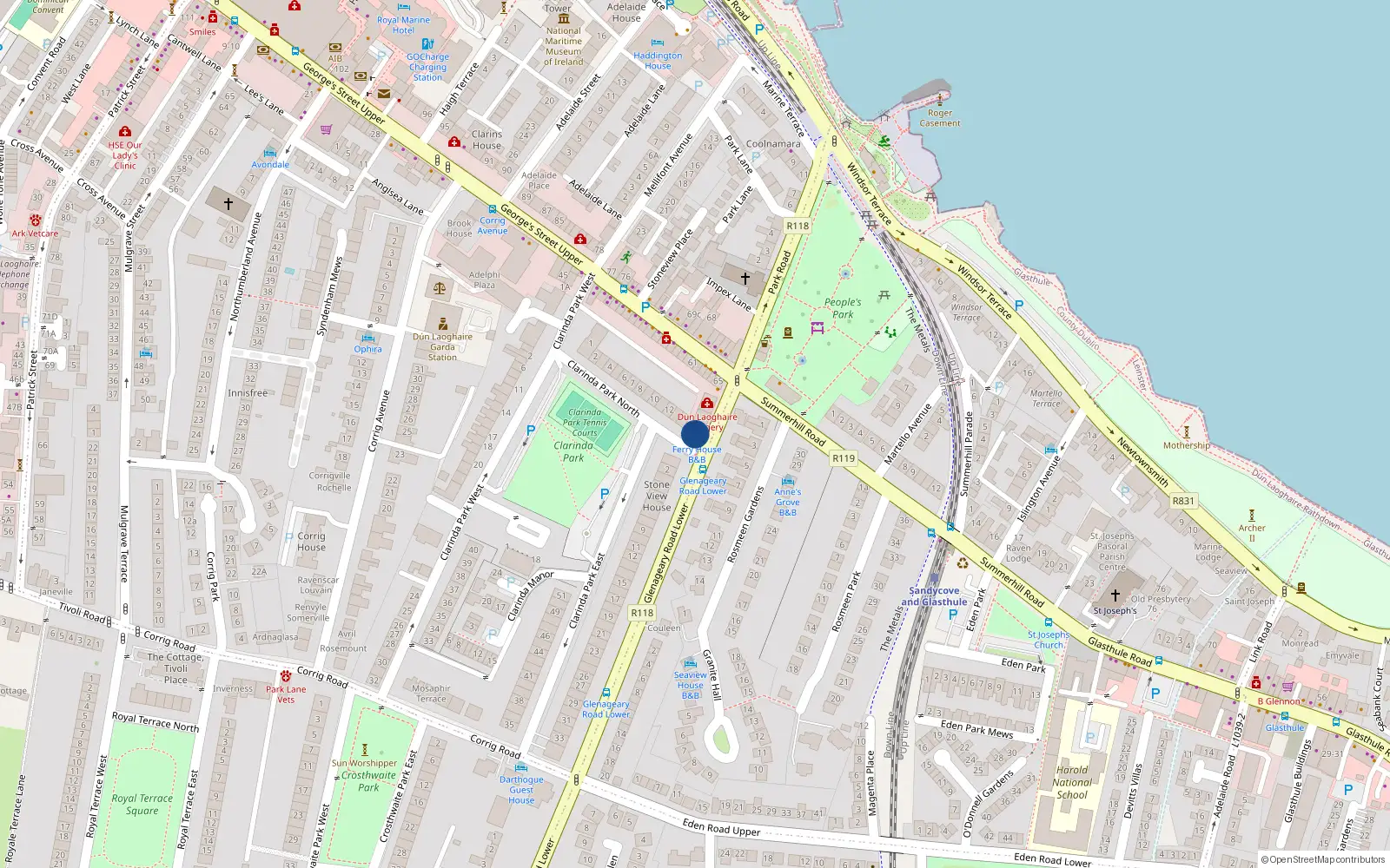 Overhead map showing the location of Ferry House, 15 Clarinda Park North, Dun Laoghaire
