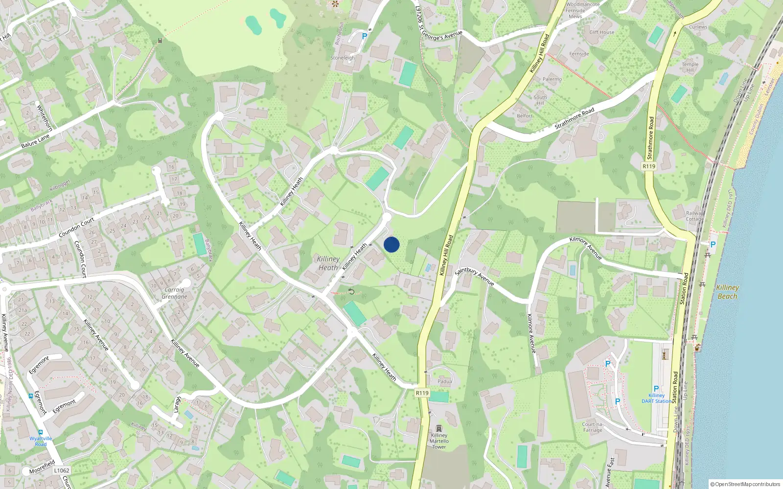 Overhead map showing the location of 33 Killiney Heath, Killiney
