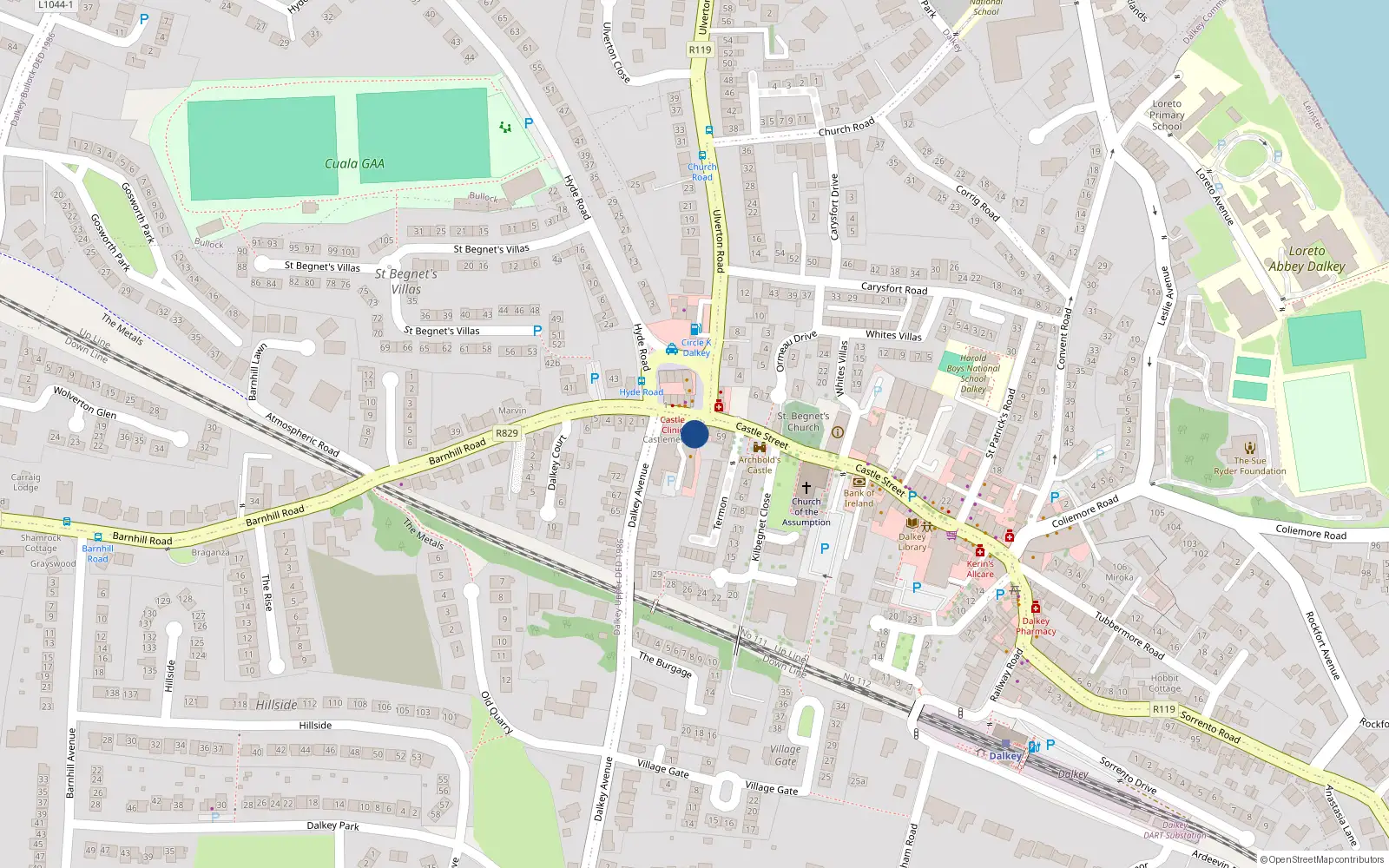 Overhead map showing the location of 61 Castle Street, Dalkey
