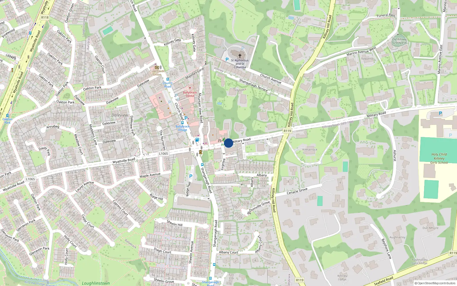 Overhead map showing the location of Military Road, Ballybrack
