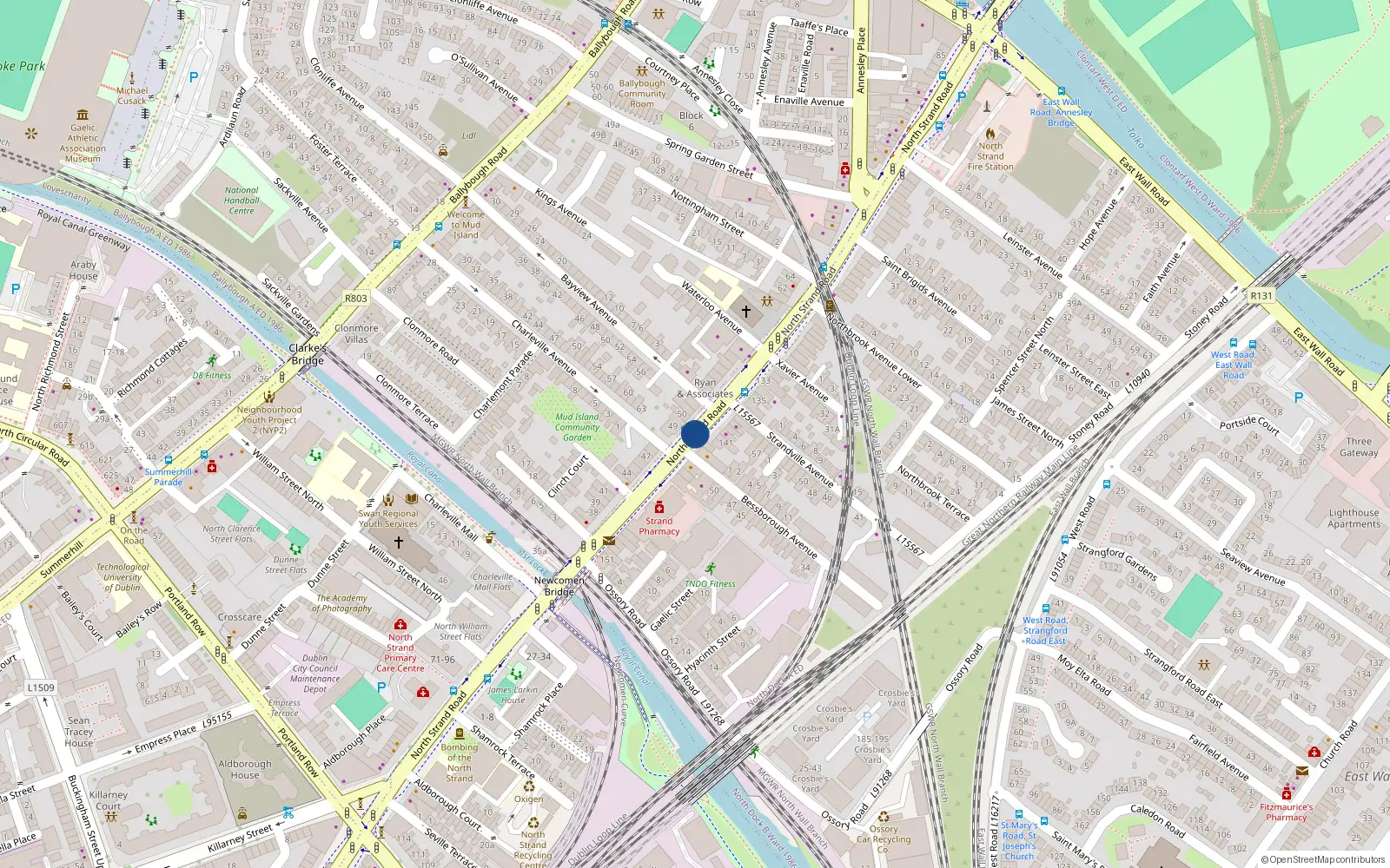 Overhead map showing the location of Flat 1, 107 North Strand Road, Dublin 3