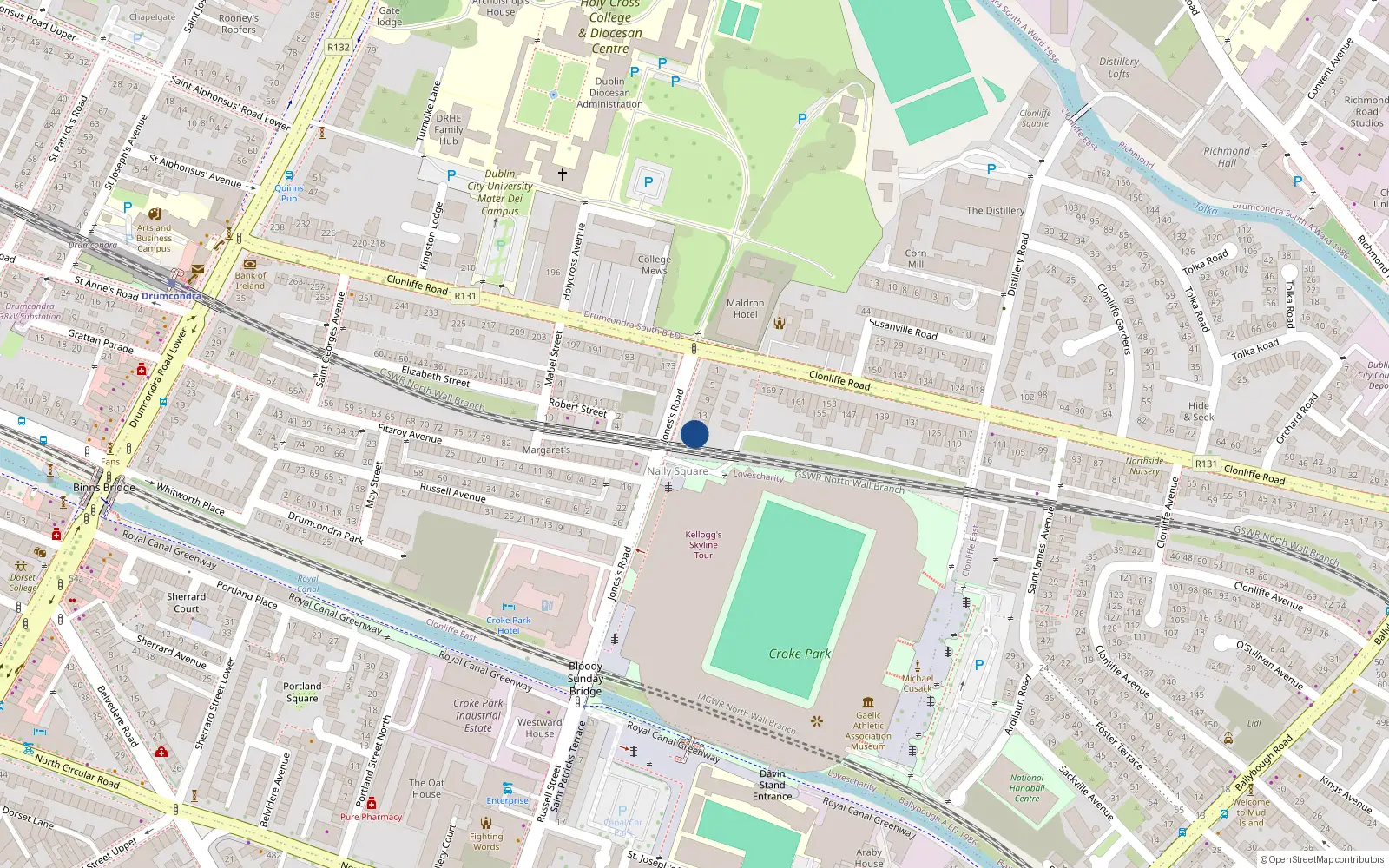 Overhead map showing the location of Flat 1, 17 Jone's Road, Drumcondra