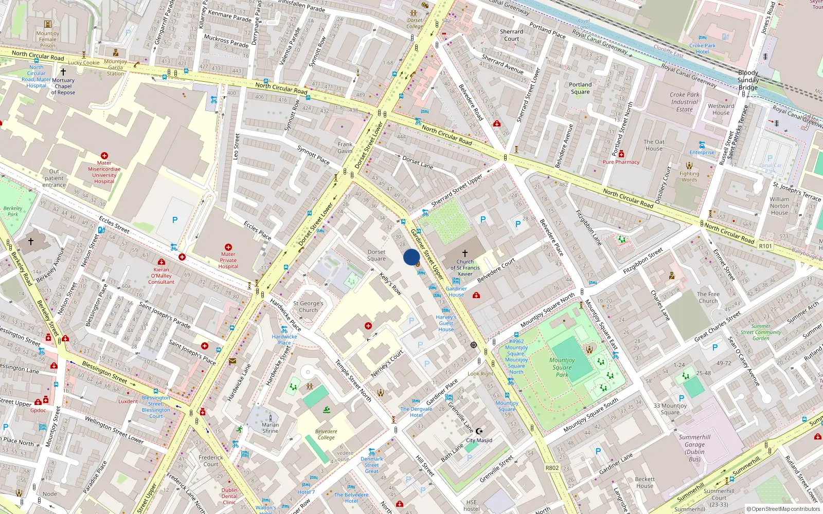 Overhead map showing the location of Flat 1, 24 Gardiner Street Upper, Dublin 1