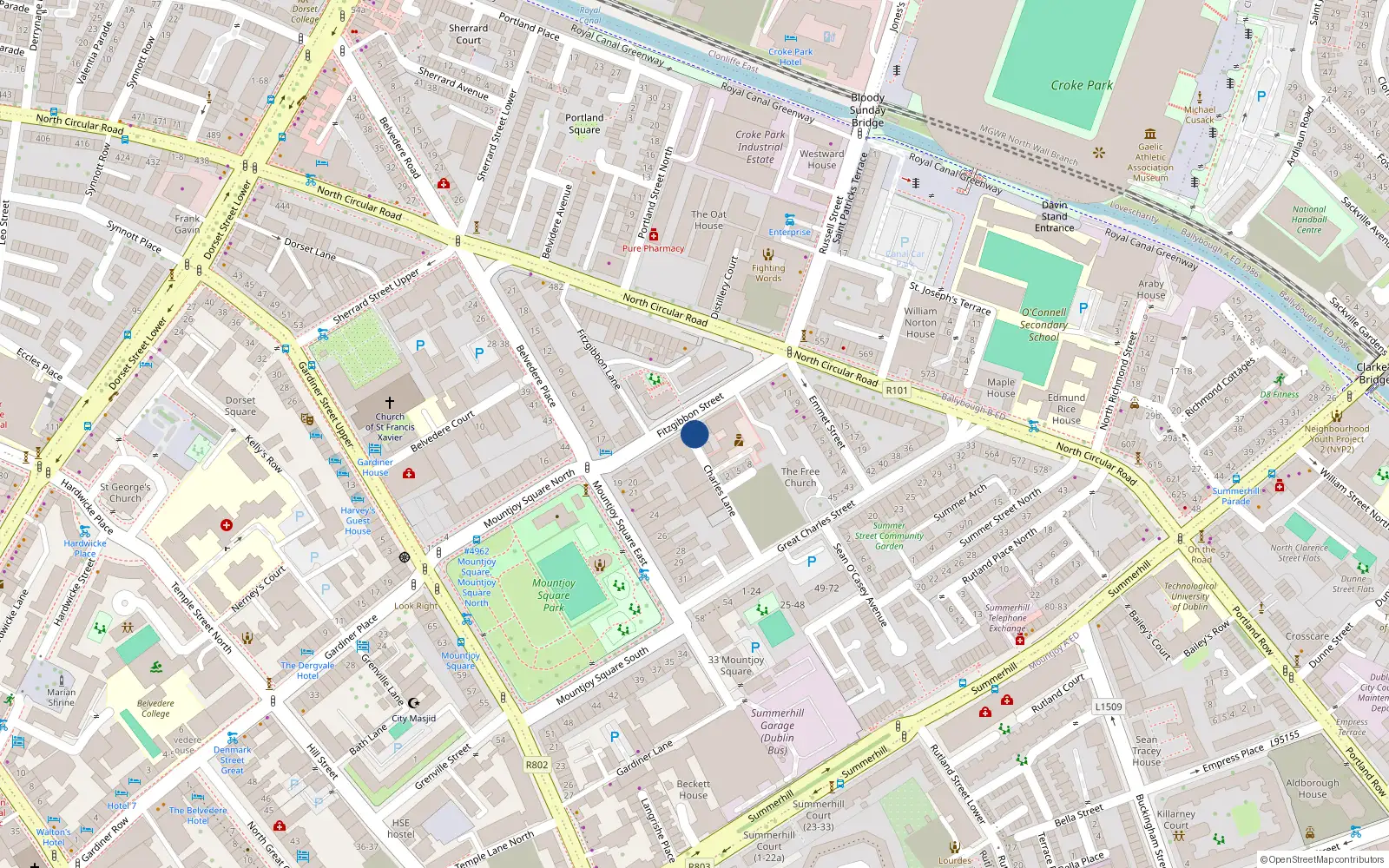 Overhead map showing the location of Flat 1 30 Fitzgibbon Street, Dublin 1