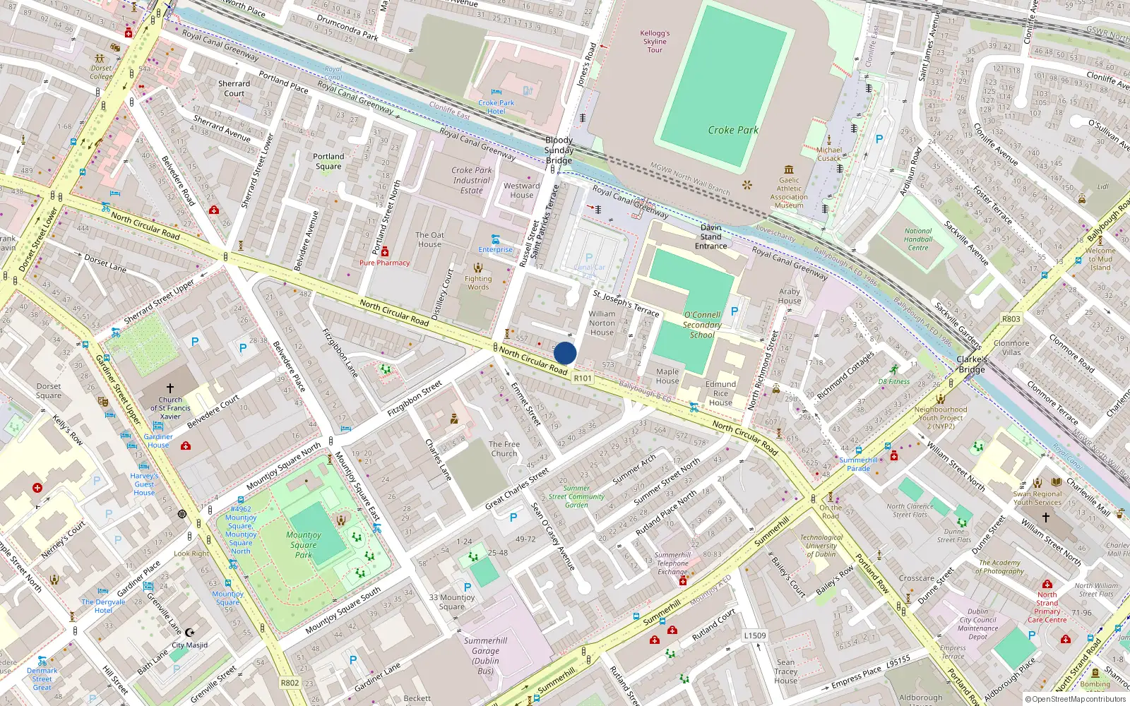 Overhead map showing the location of Flat 1, 573 North Circular Road, Dublin 1