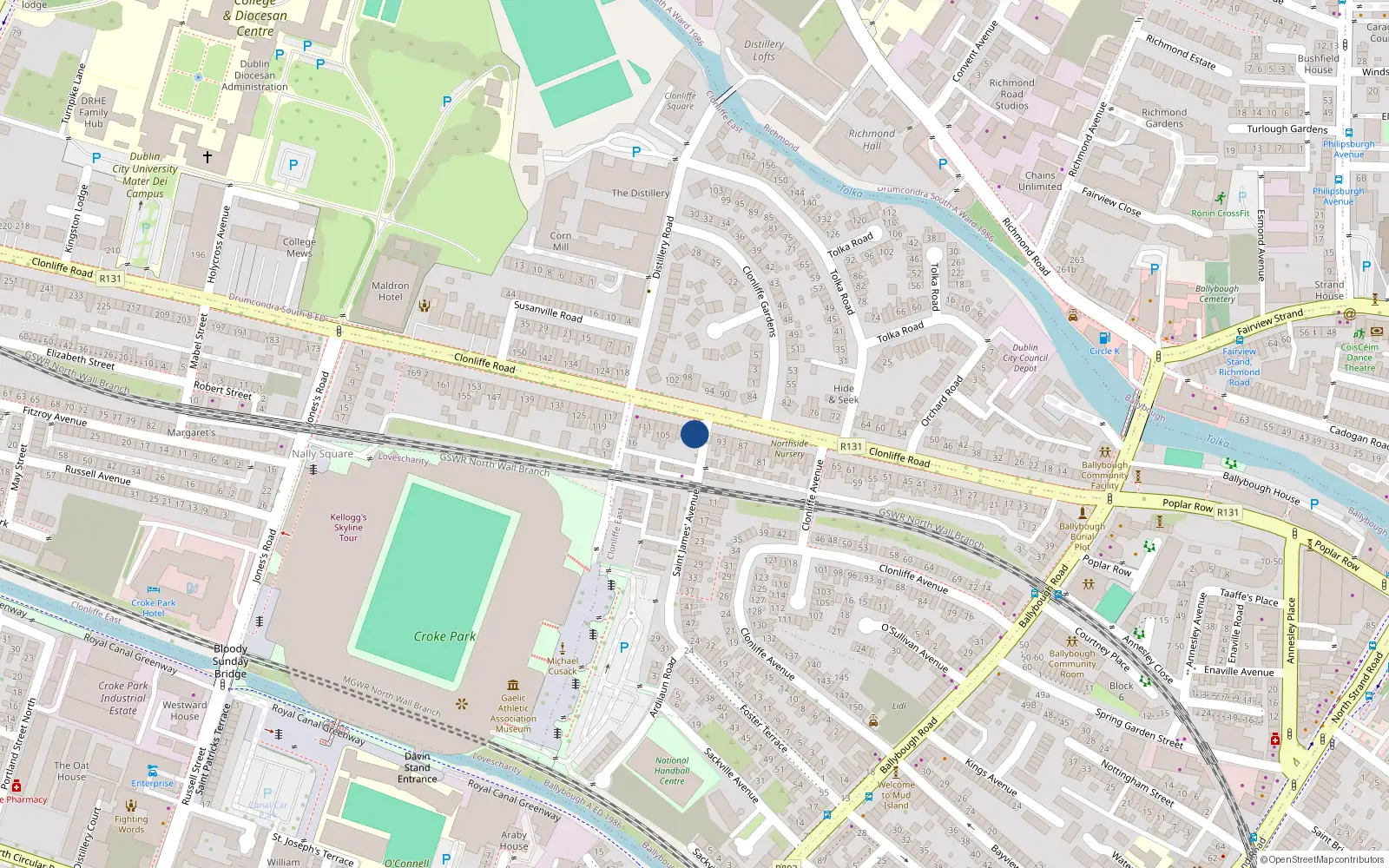 Overhead map showing the location of Flat 1, 97 Clonliffe Road, Ballybough
