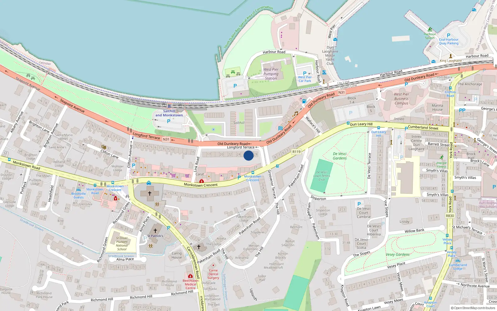 Overhead map showing the location of Flat 27, 27 Longford Terrace, Monkstown