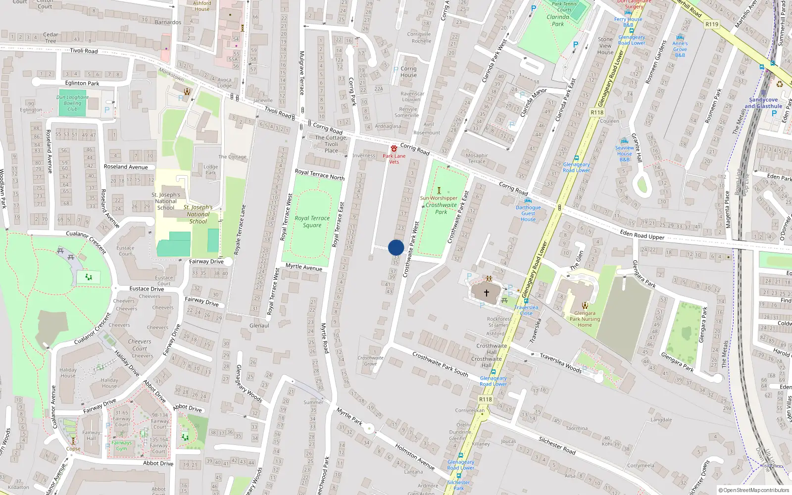 Overhead map showing the location of Flat 3 31 Crosthwaite Park W, Dun Laoghaire, 31 Crosthwaite Park West, Dublin
