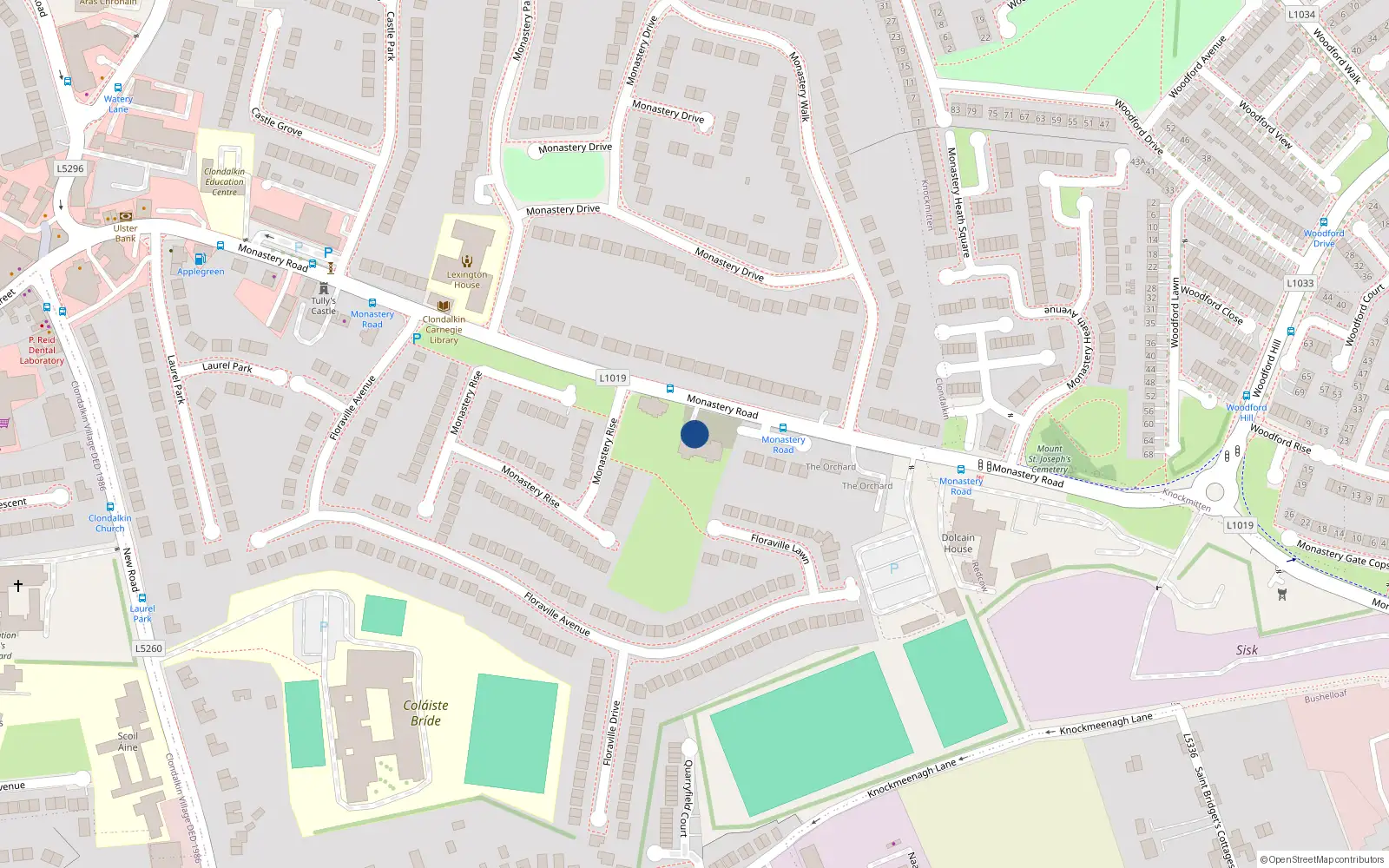 Overhead map showing the location of Monastery Road, Clondalkin