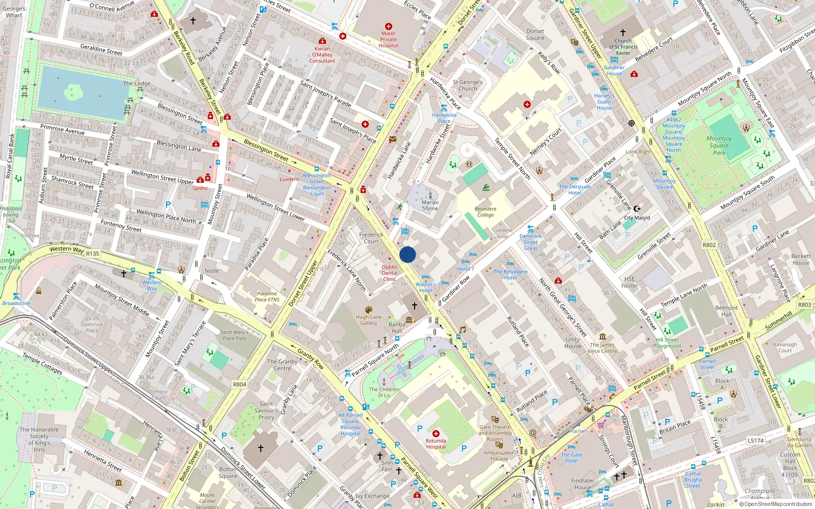 Overhead map showing the location of Front Basement Apt, 9 North Frederick St, Dublin 1