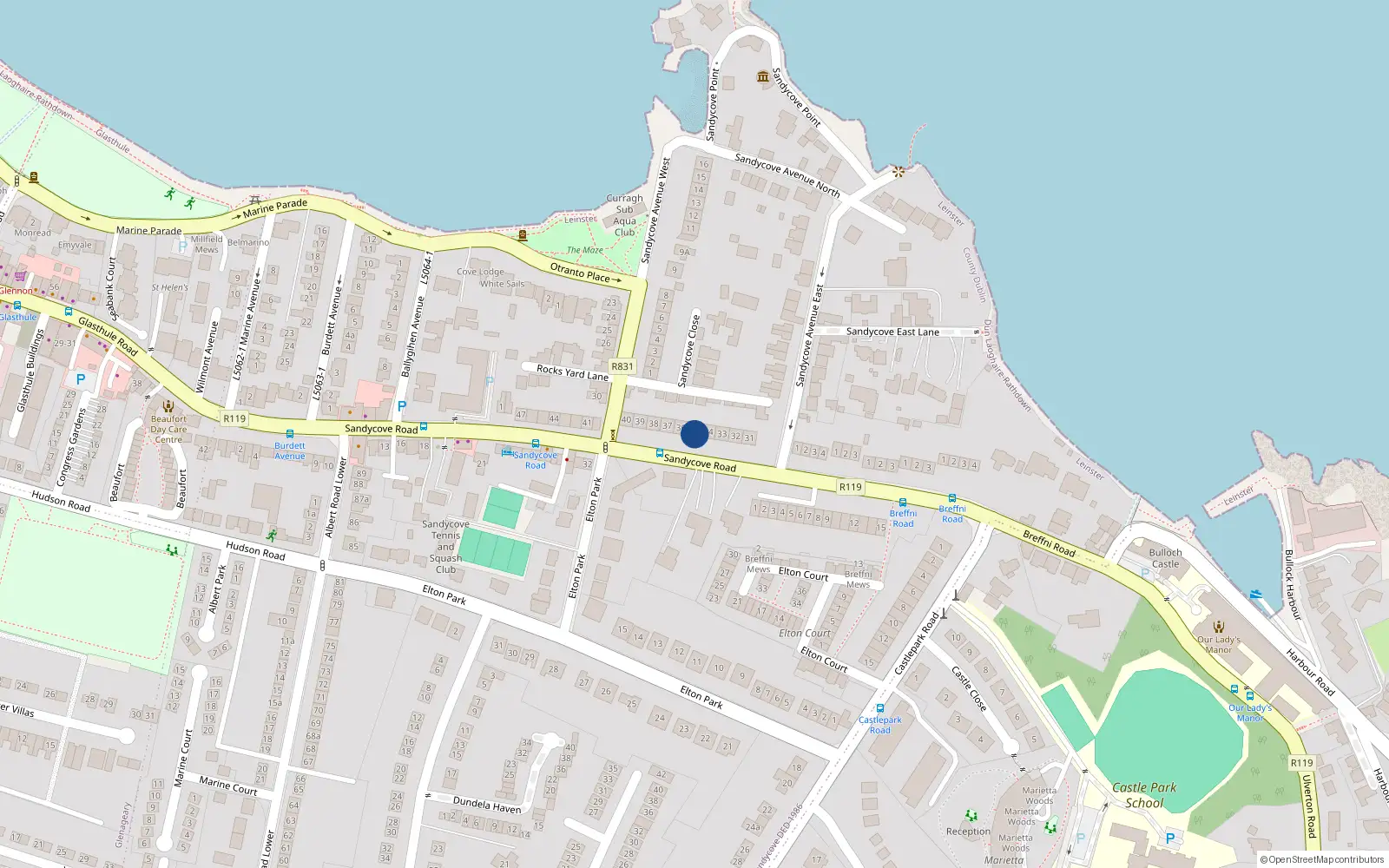 Overhead map showing the location of 35 Sandycove Road, Dunlaoghaire
