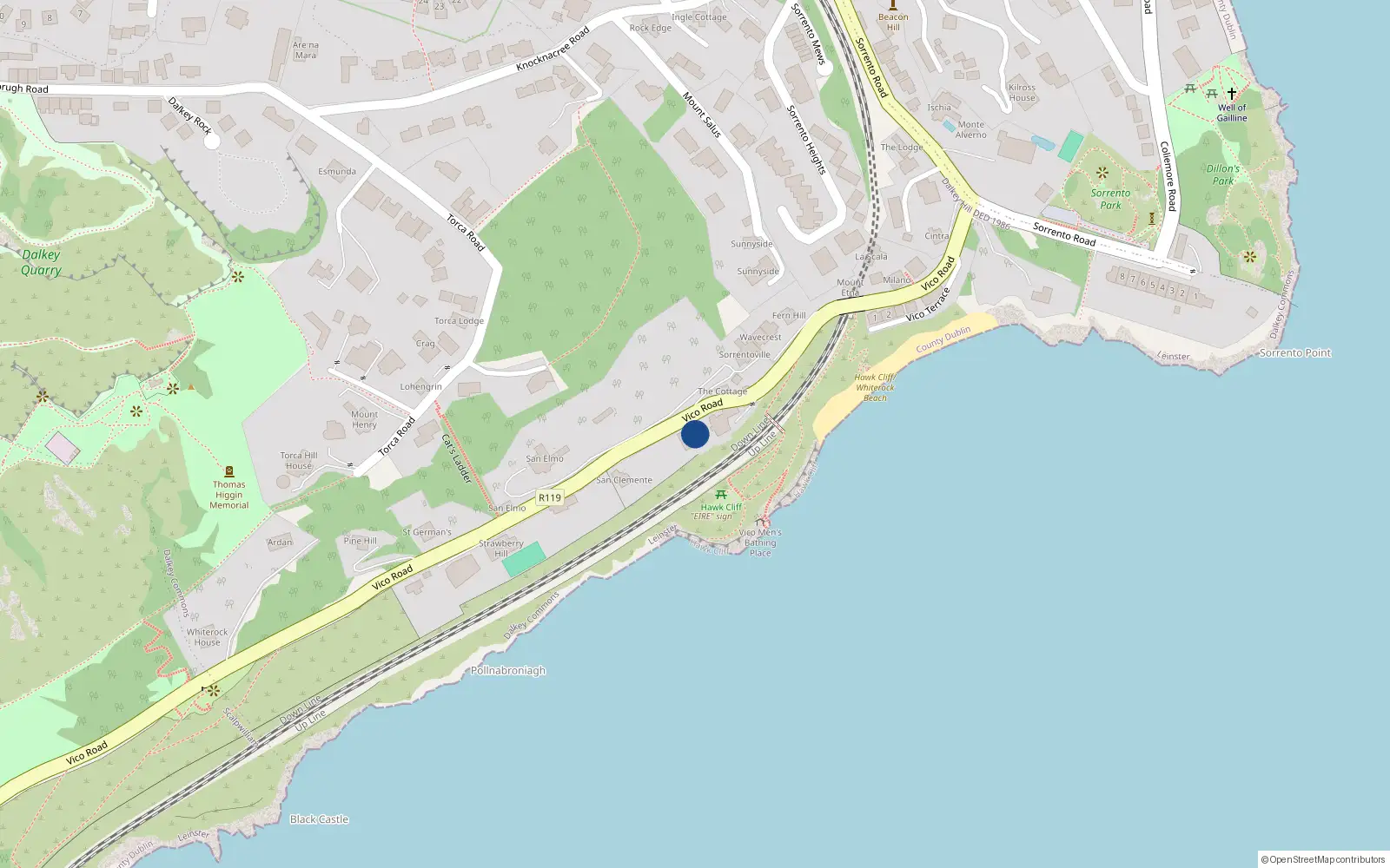 Overhead map showing the location of 5 Vico Road, Killiney