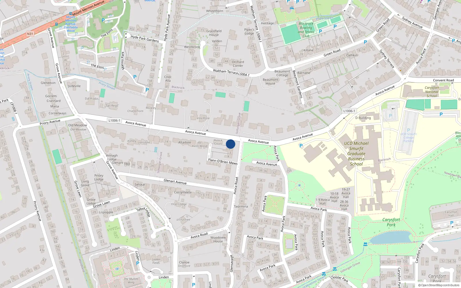 Overhead map showing the location of 1 Avoca Road, Blackrock