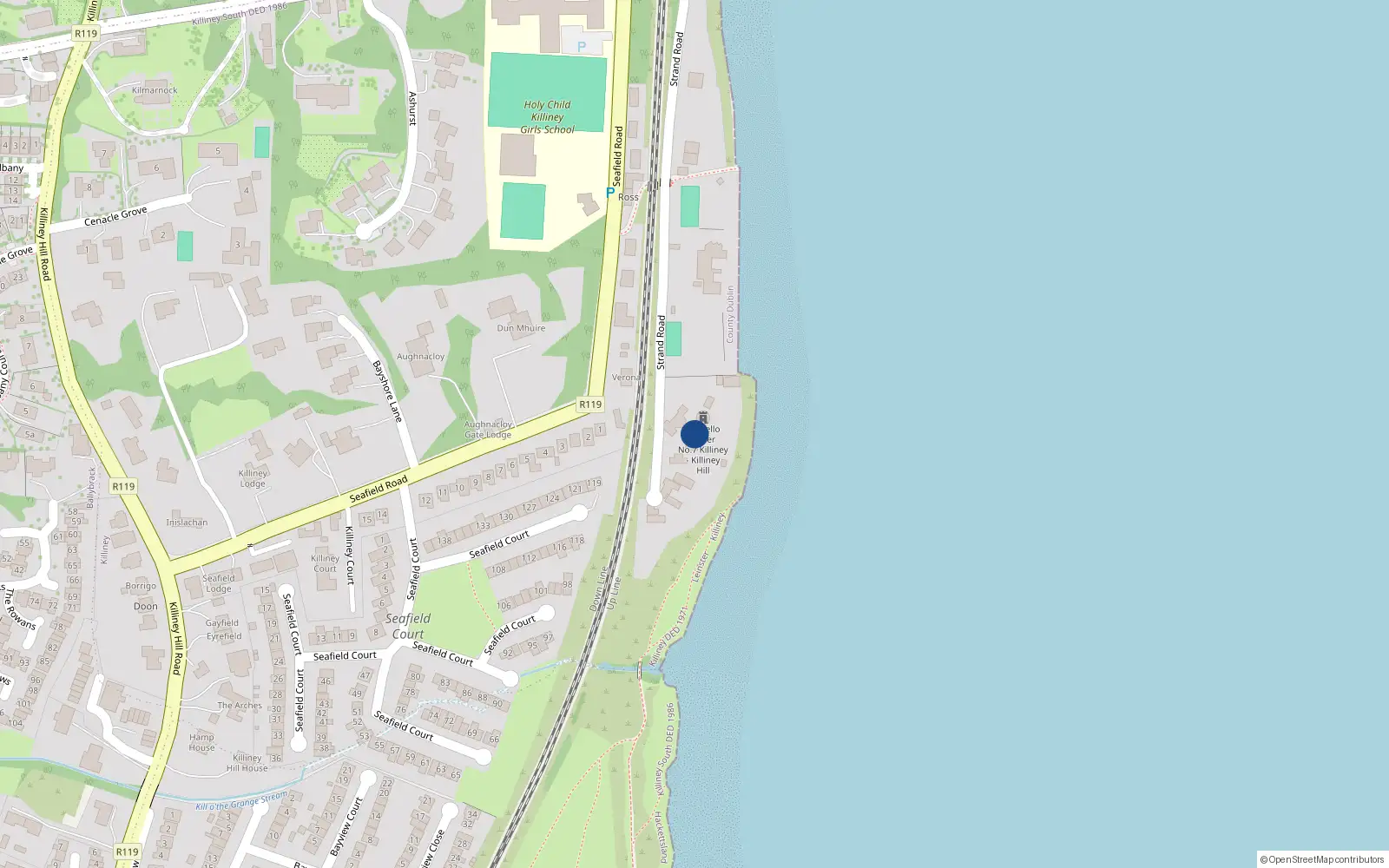 Overhead map showing the location of Strand Road, Killiney
