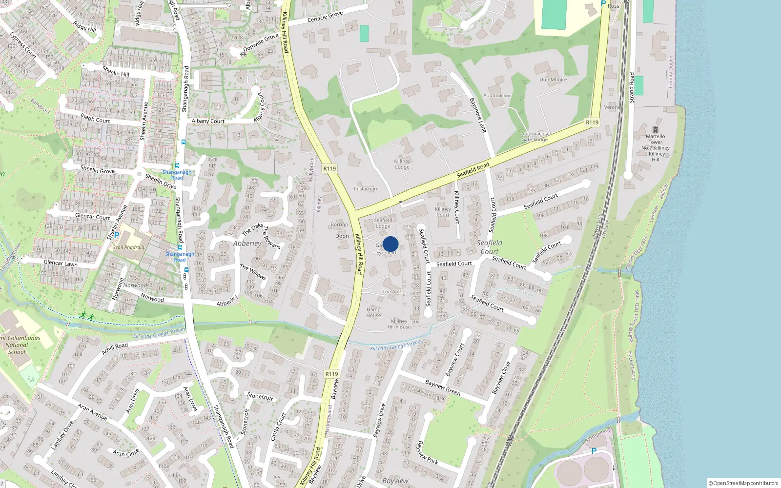 Overhead map showing the location of Killiney Hill Road, Killiney