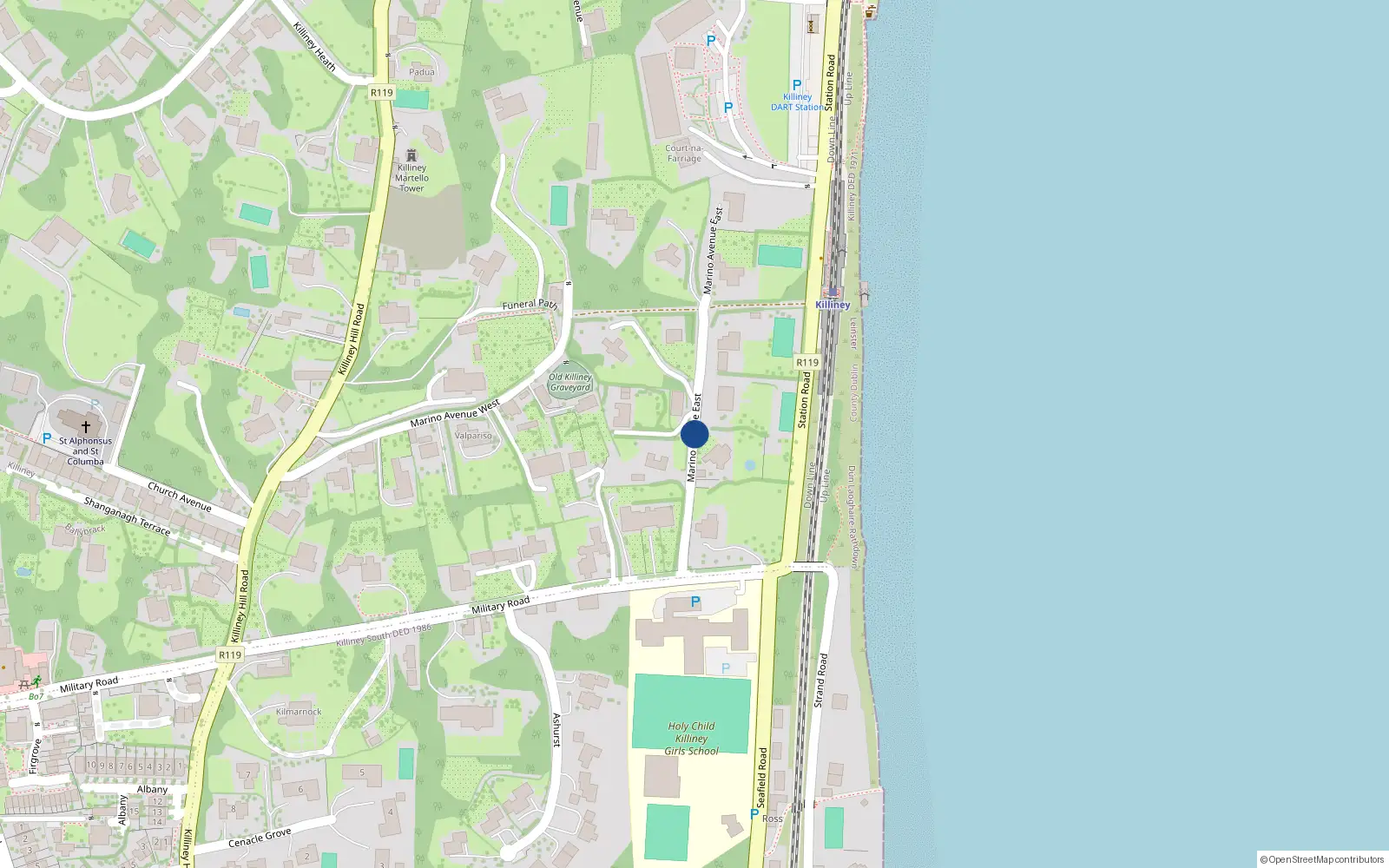 Overhead map showing the location of Marino Avenue East, Killiney