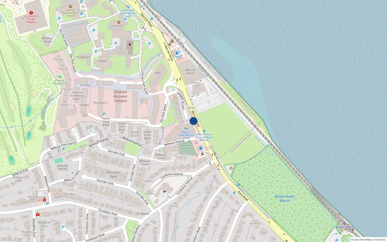 Overhead map showing the location of Merrion Road, Merrion