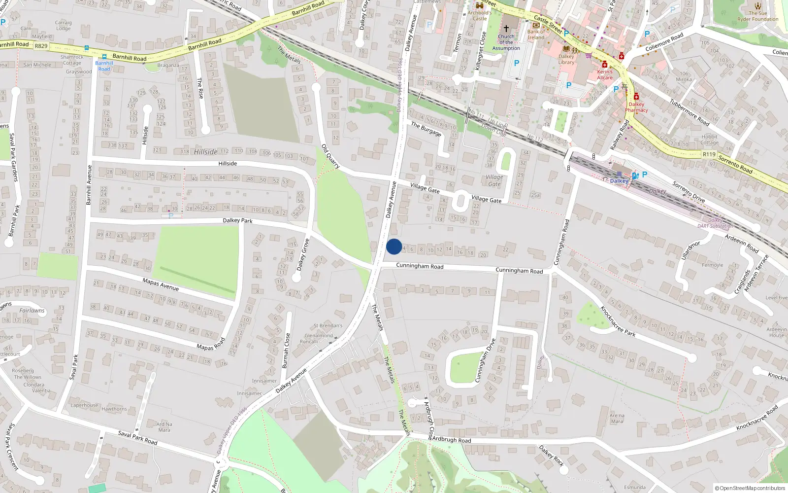 Overhead map showing the location of Glenalua, 2 Cunningham Road, Dalkey