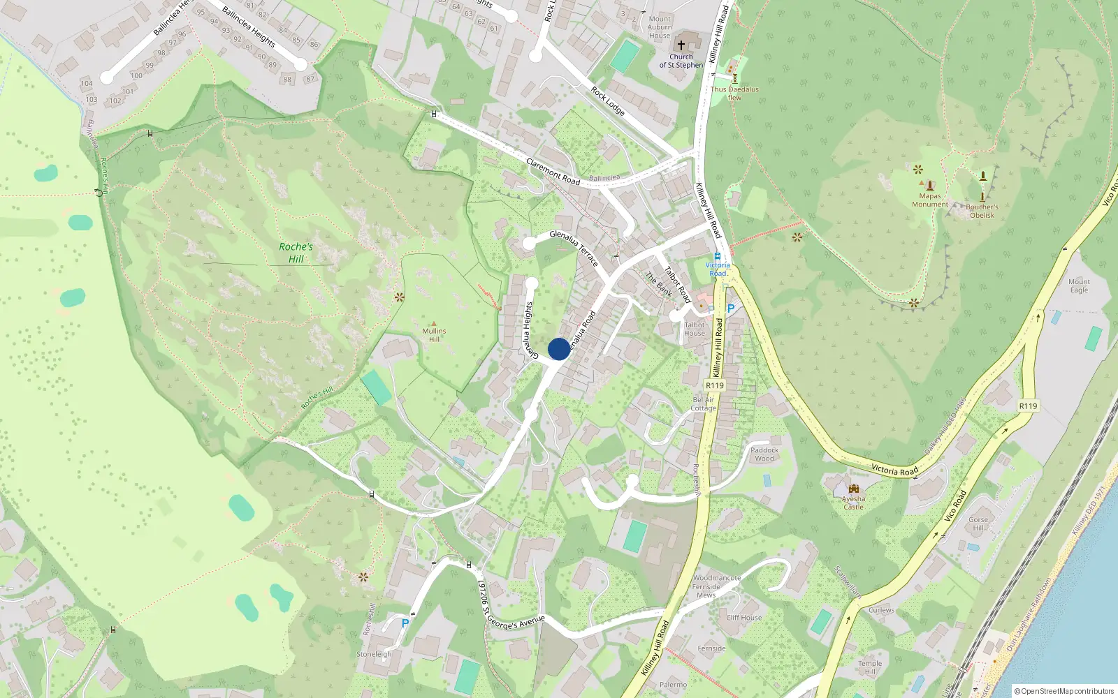 Overhead map showing the location of Glenalua Road, Killiney