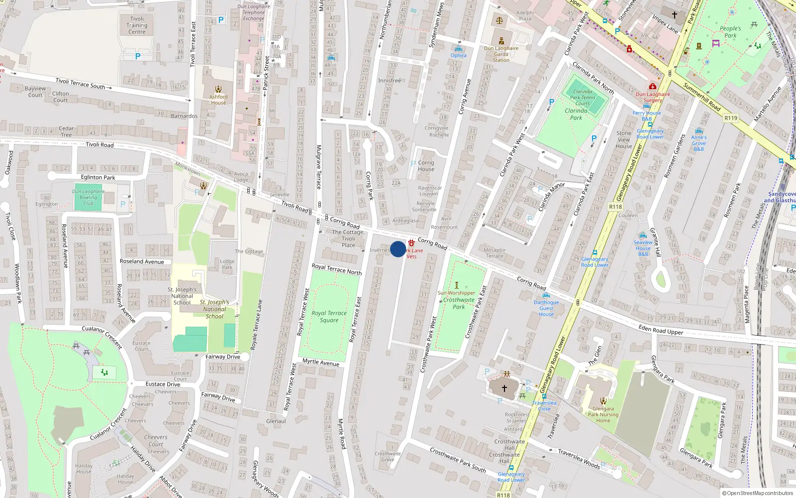 Overhead map showing the location of Corrig Road, Dun Laoghaire
