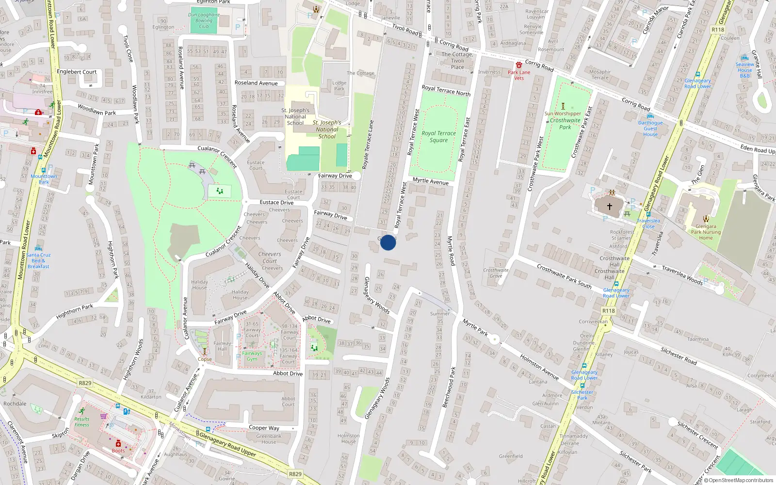 Overhead map showing the location of Glenaul, 33 Royal Terrace West, Dun Laoghaire