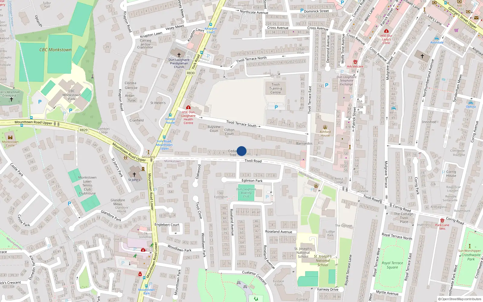 Overhead map showing the location of 8 Tivoli Road, Dun Laoghaire