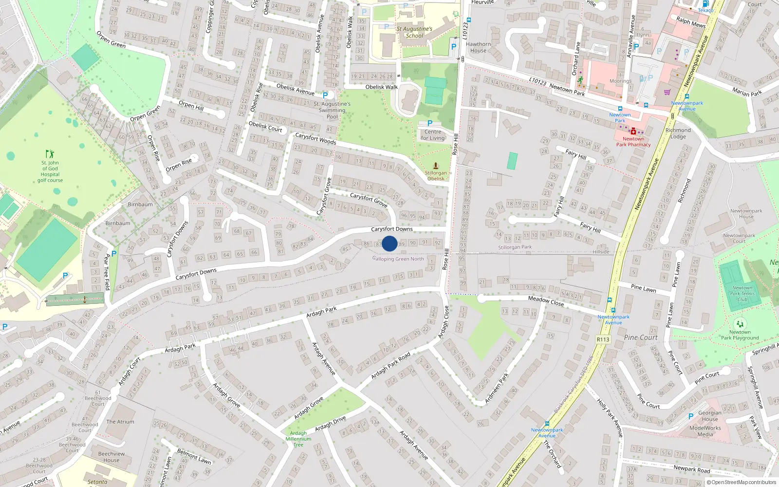 Overhead map showing the location of 88 Carysfort Downs, Blackrock