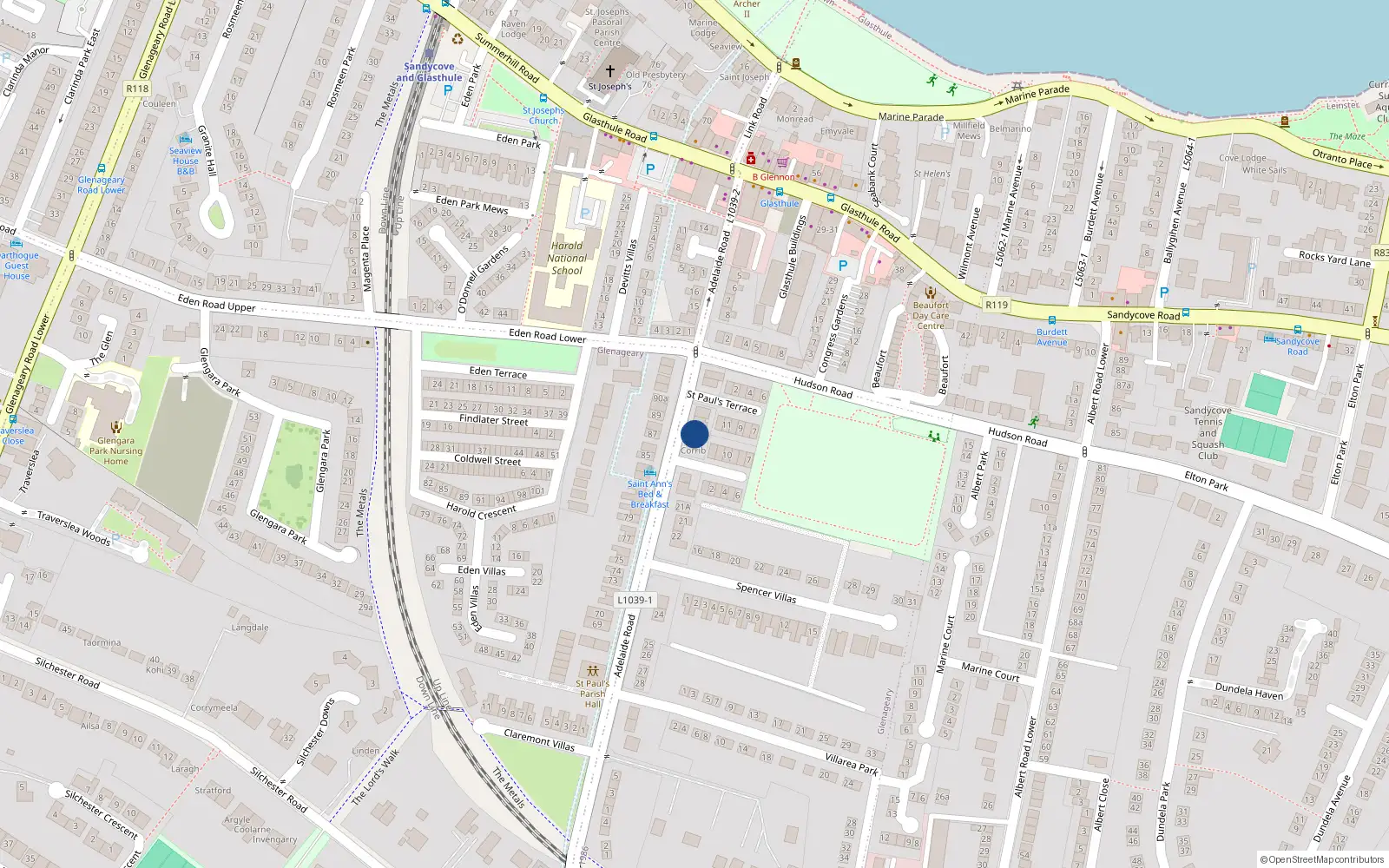 Overhead map showing the location of 22 Adelaide Road, Glenageary
