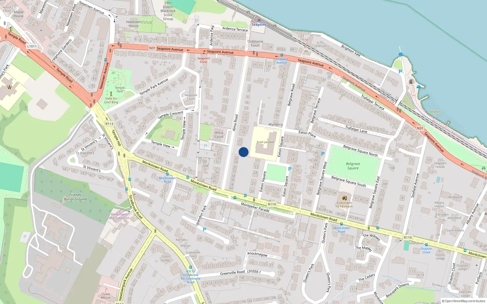 Overhead map showing the location of 24 Alma Road, Monkstown