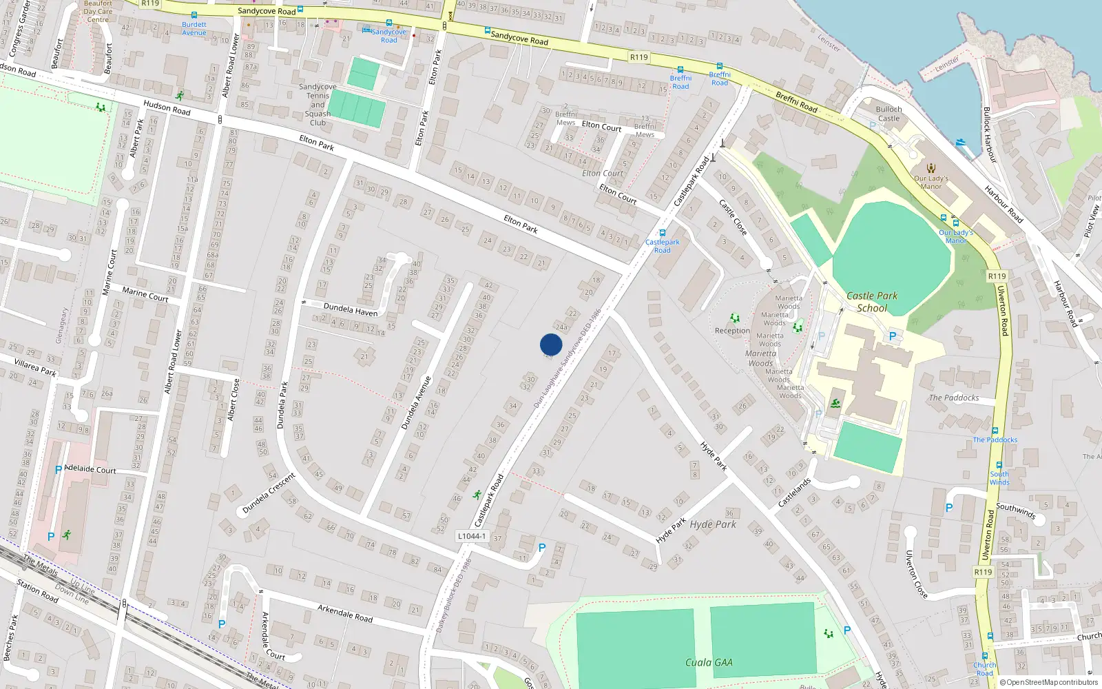 Overhead map showing the location of 26 Castle Park Road, Sandycove