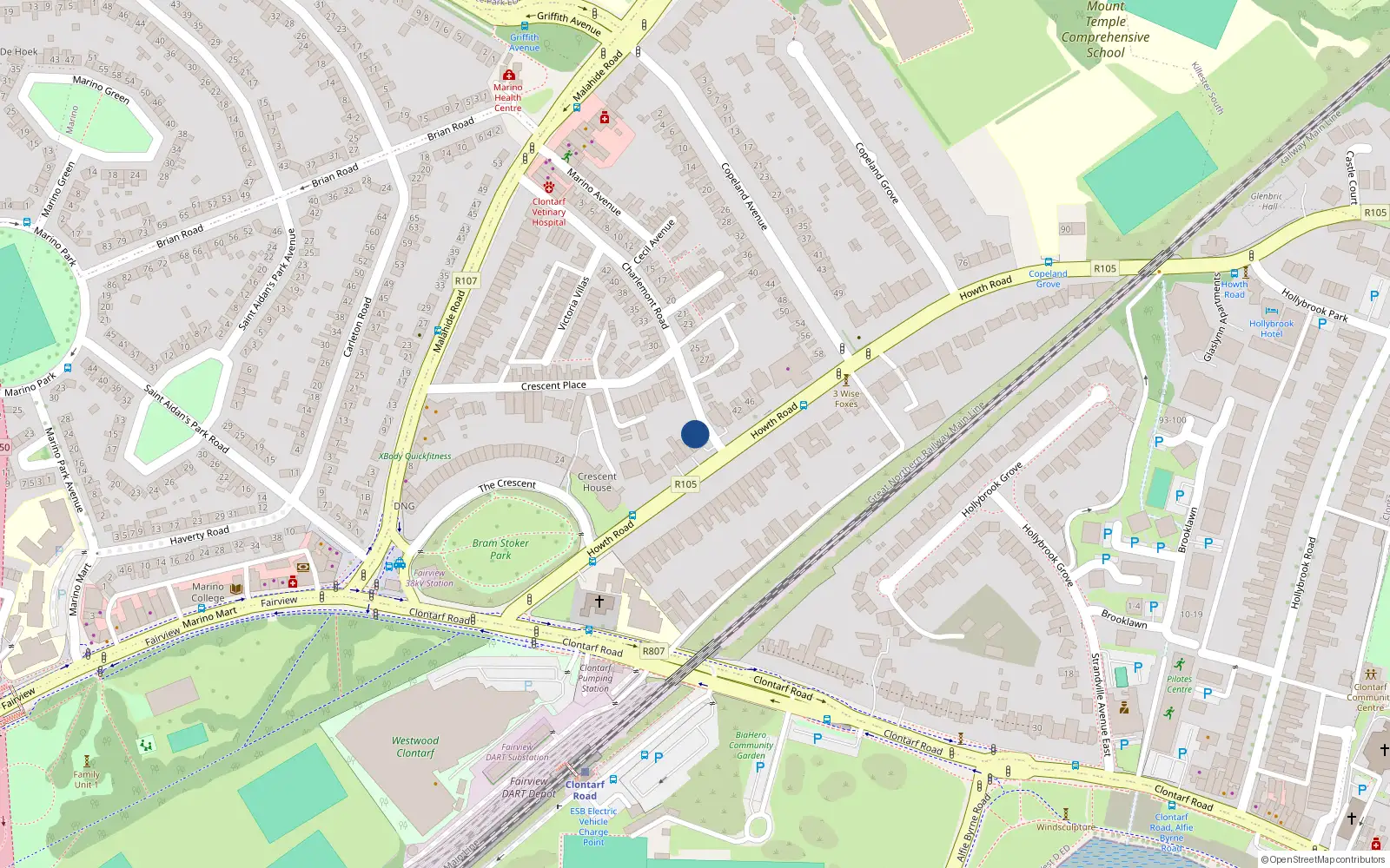 Overhead map showing the location of 36 Howth Road, Dublin 3