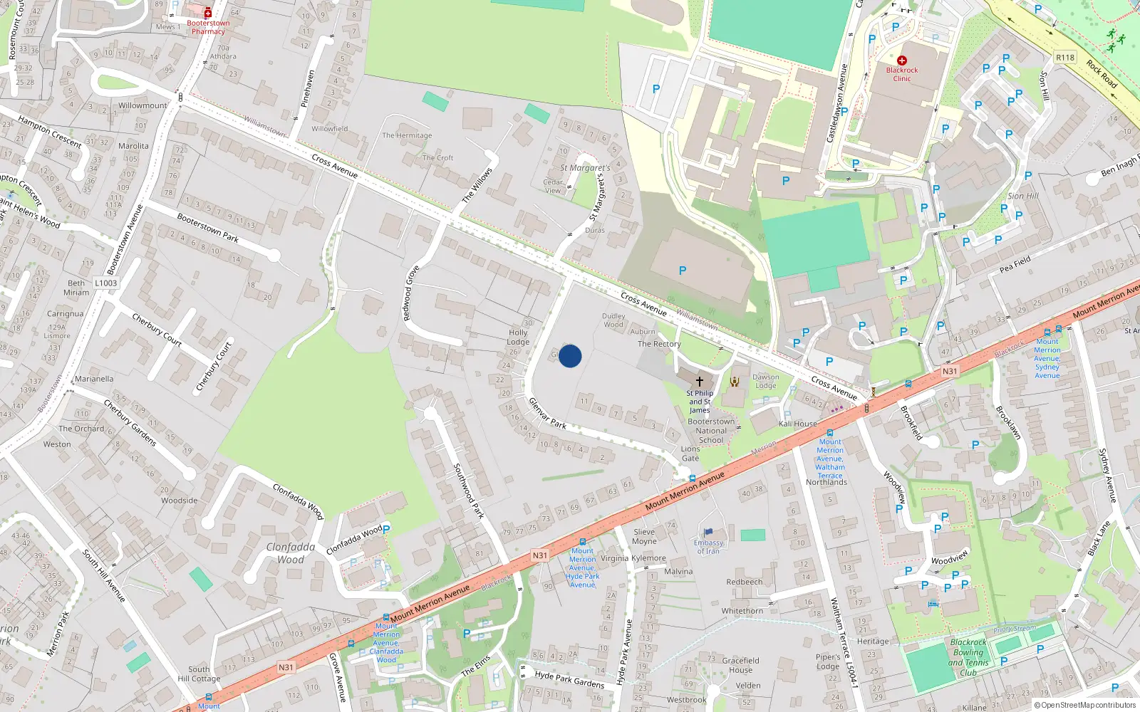 Overhead map showing the location of Cross Avenue, Blackrock