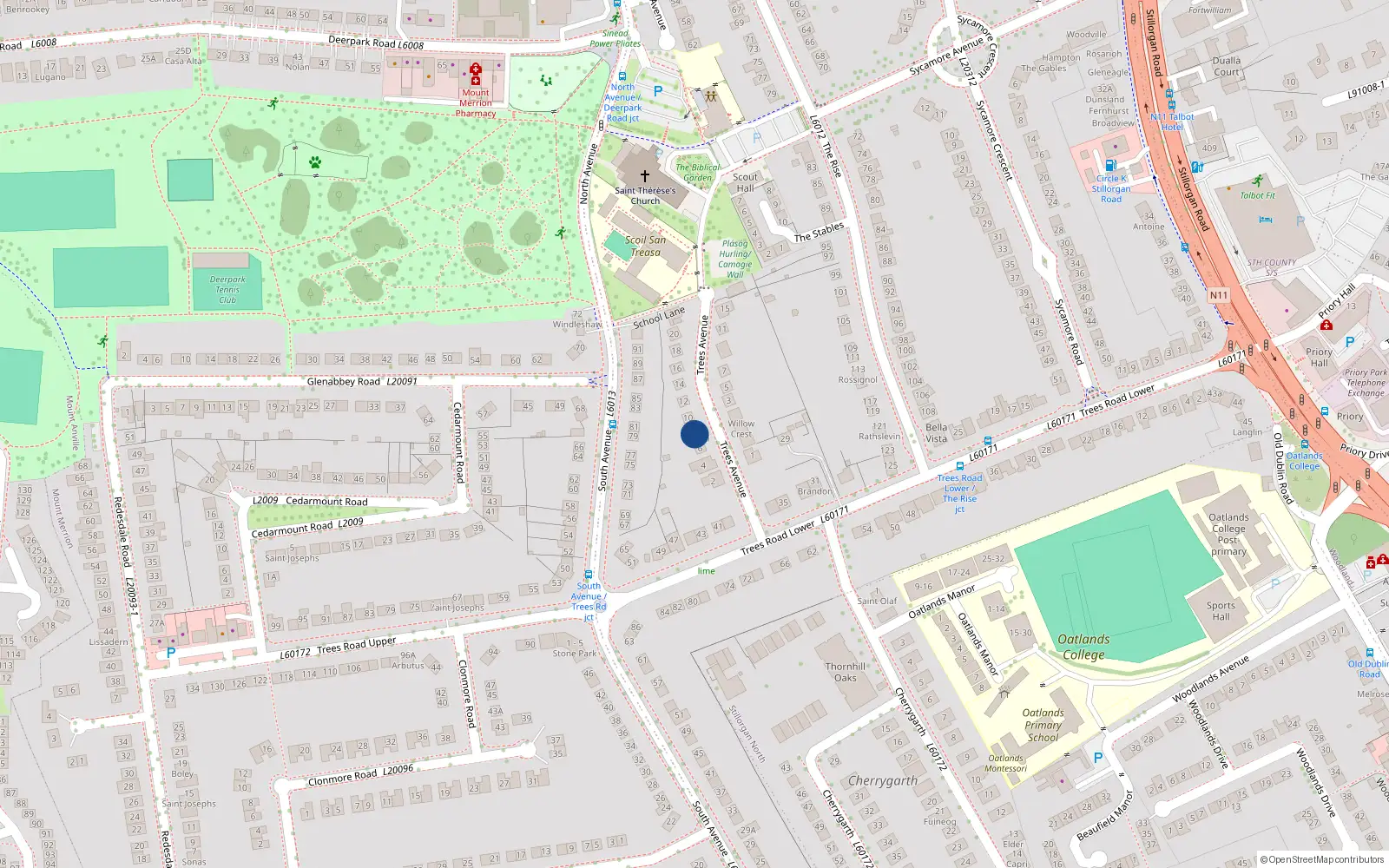Overhead map showing the location of 8 Trees Avenue, Blackrock