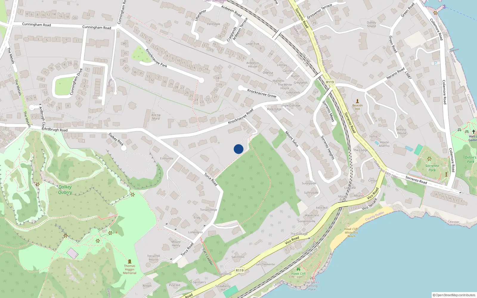 Overhead map showing the location of Knock-Na-Cree Road, Dalkey