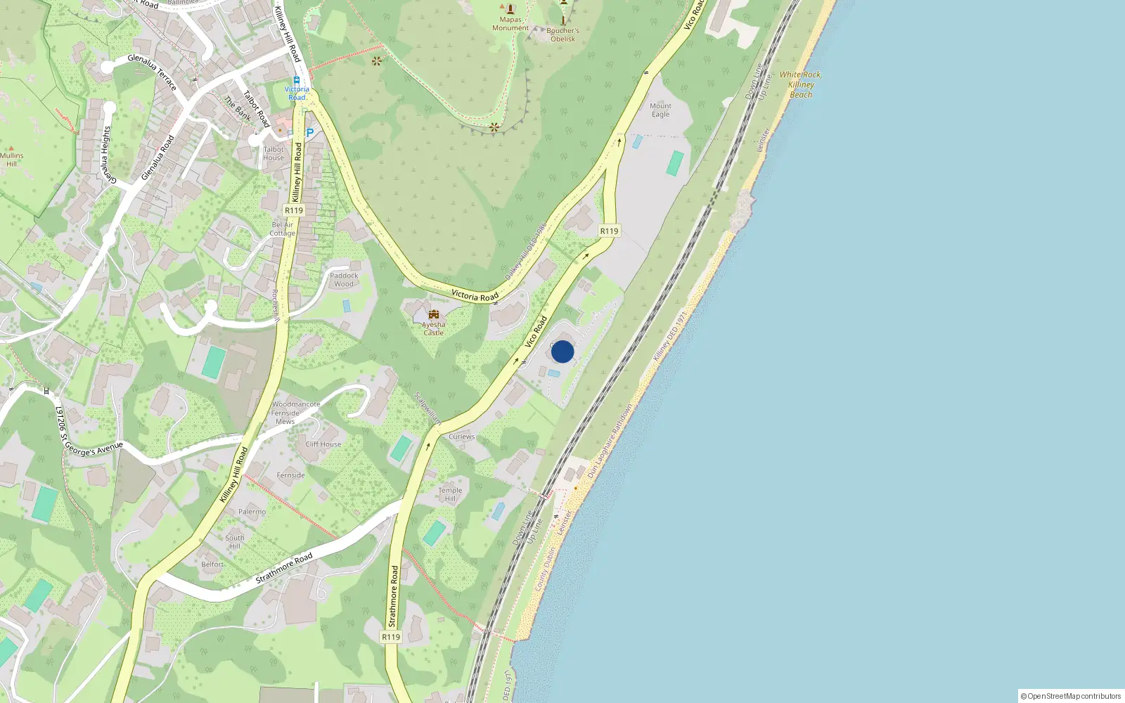 Overhead map showing the location of Vico Road, Killiney
