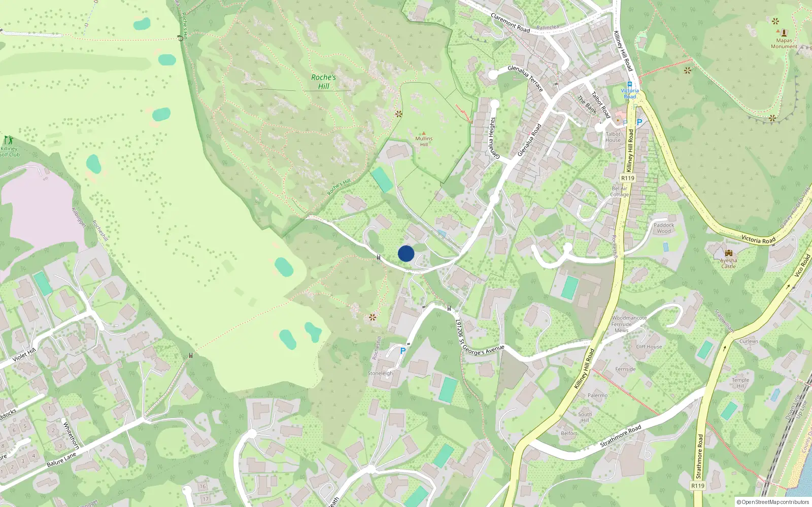 Overhead map showing the location of Glenalua Road, Killiney