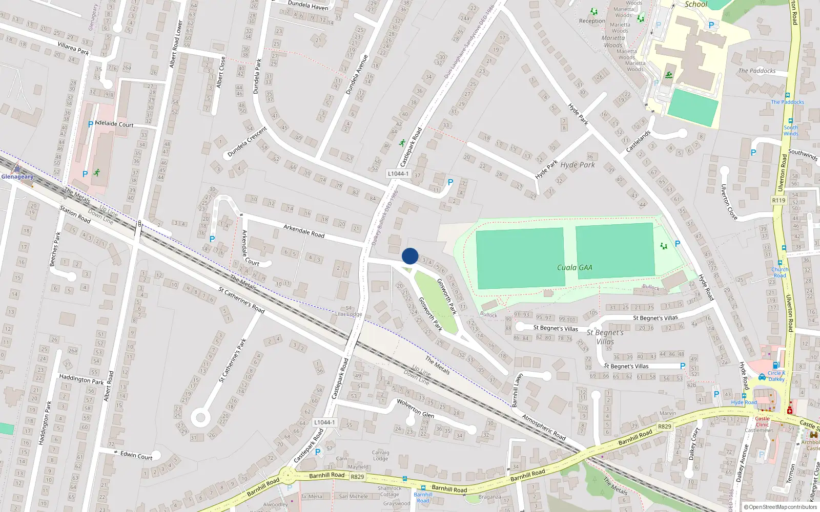 Overhead map showing the location of 1 Gosworth Park, Dalkey