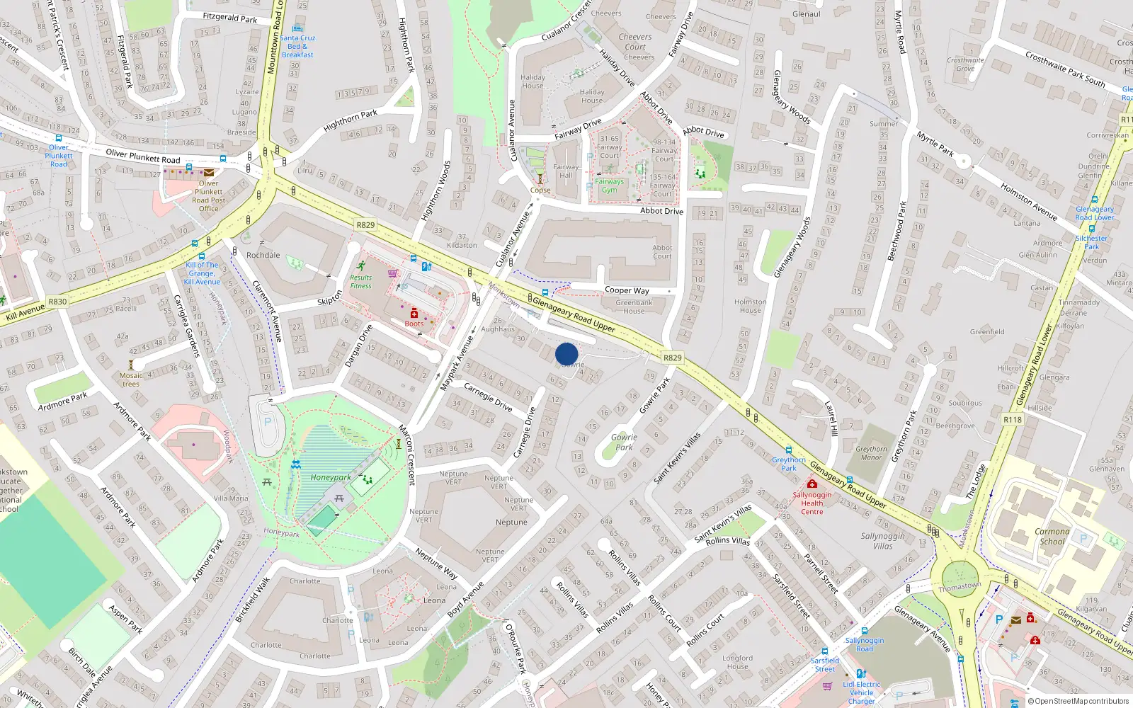 Overhead map showing the location of Honeypark, Dublin, Co. Dublin