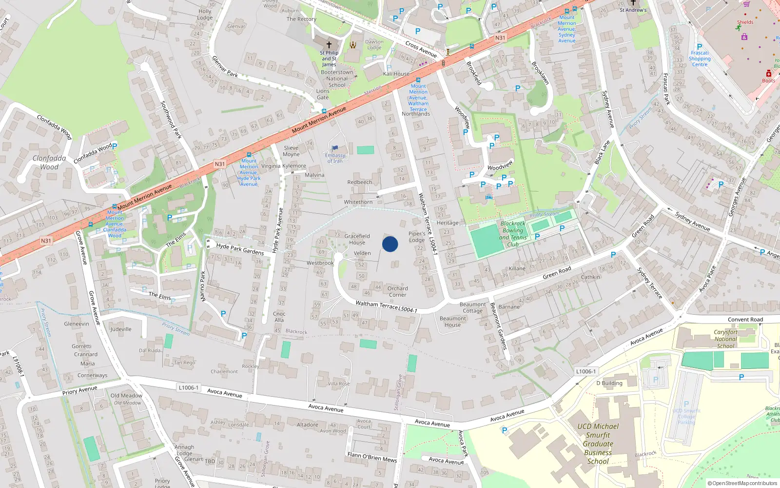 Overhead map showing the location of Waltham Terrace, Blackrock