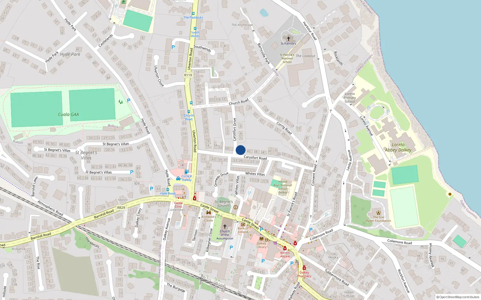 Overhead map showing the location of 46 Carysfort Road, Dalkey