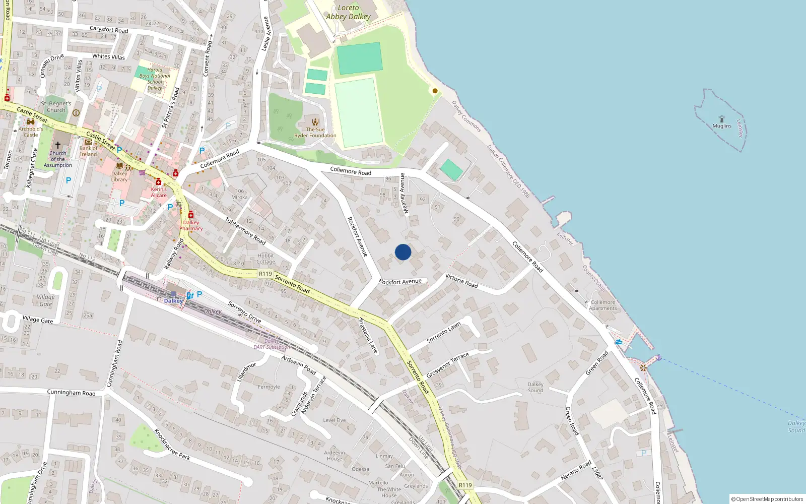 Overhead map showing the location of Rockfort Avenue, Dalkey