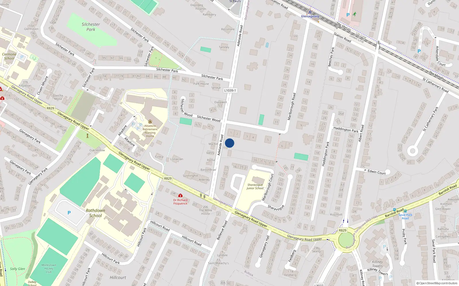 Overhead map showing the location of Adelaide Road, Glenageary