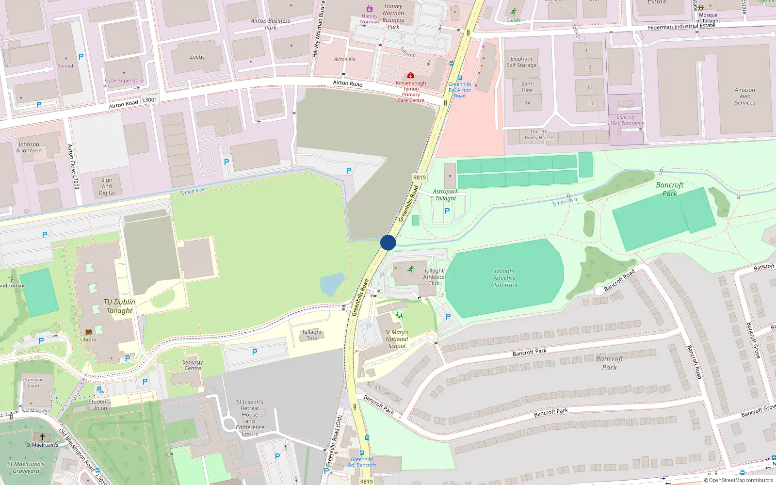 Overhead map showing the location of Greenhills Road, Tallaght