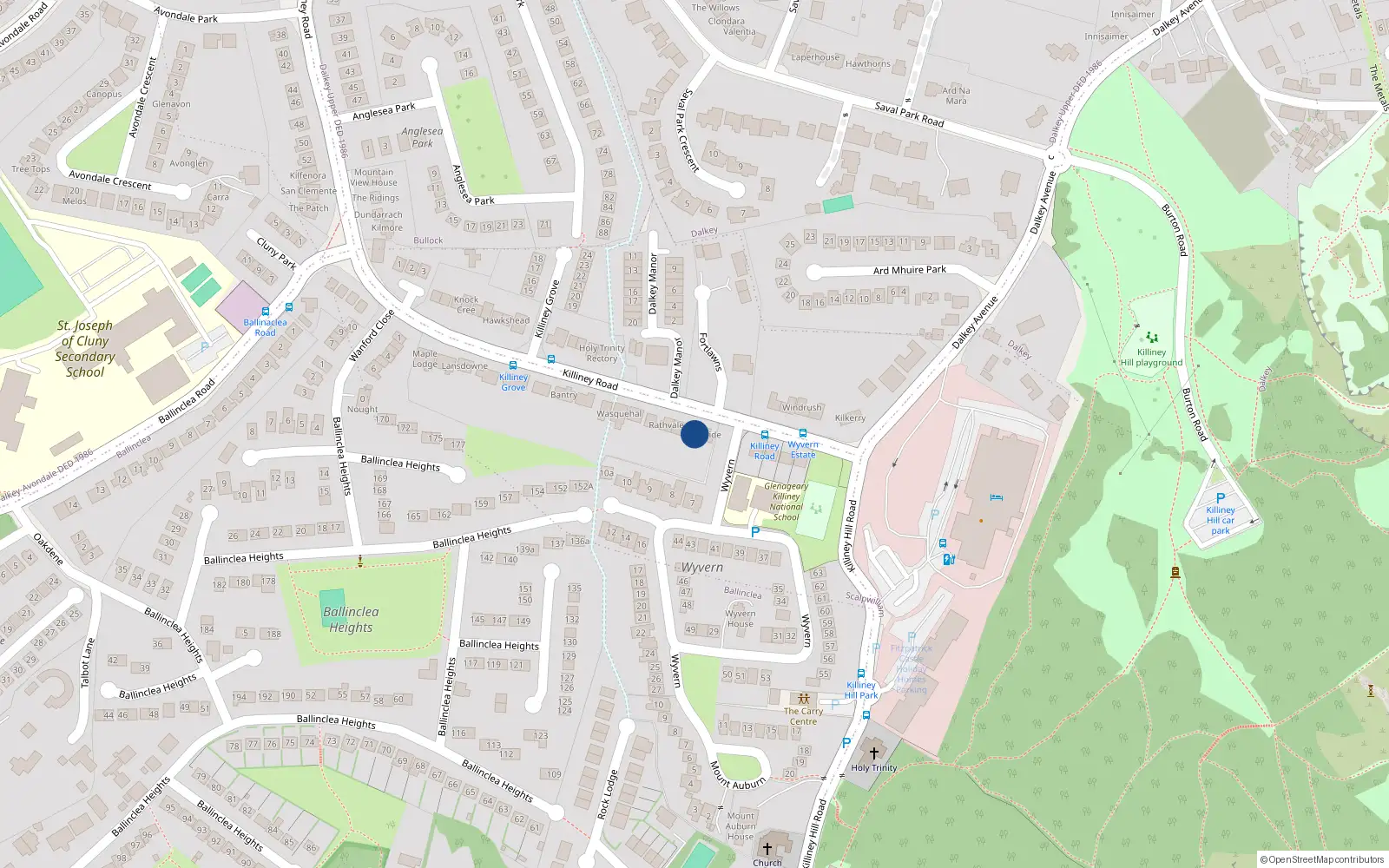 Overhead map showing the location of Killiney Road, Dalkey