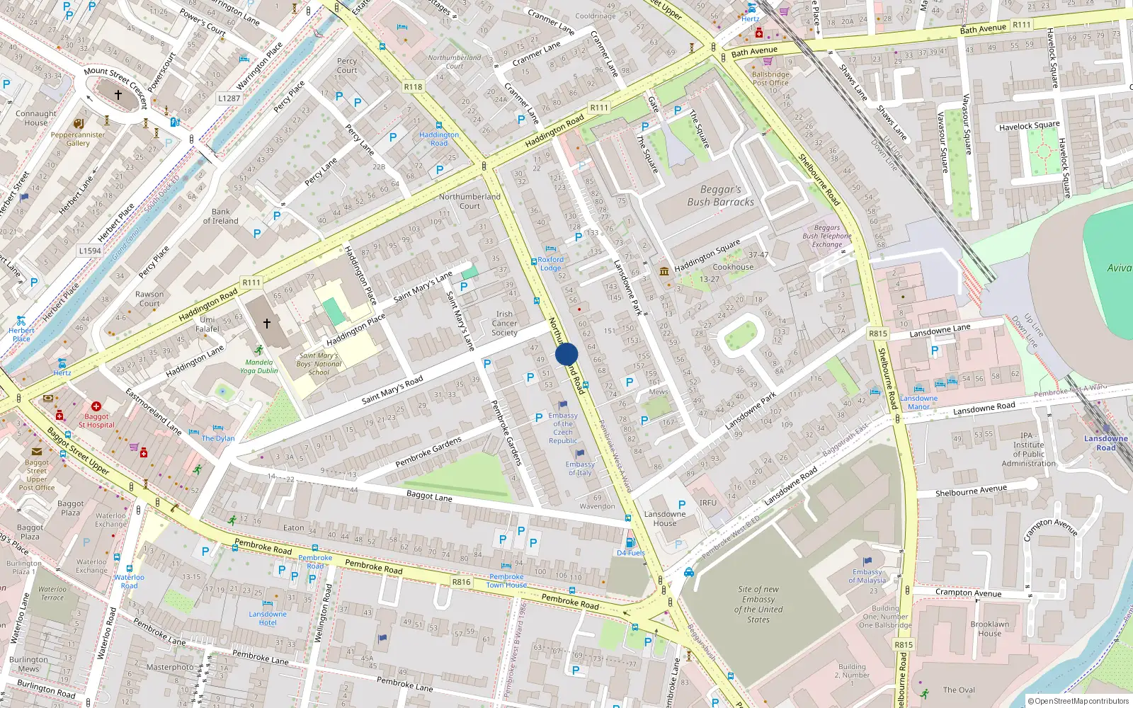 Overhead map showing the location of 42 Northumberland Road, Ballsbridge