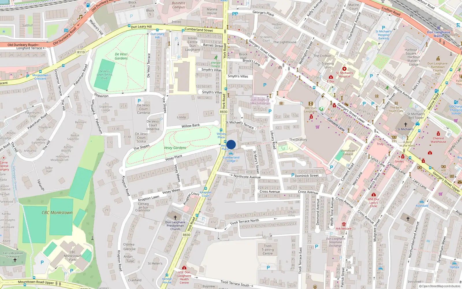 Overhead map showing the location of Ground Floor Apt, 56 York Road, Dun Laoghaire